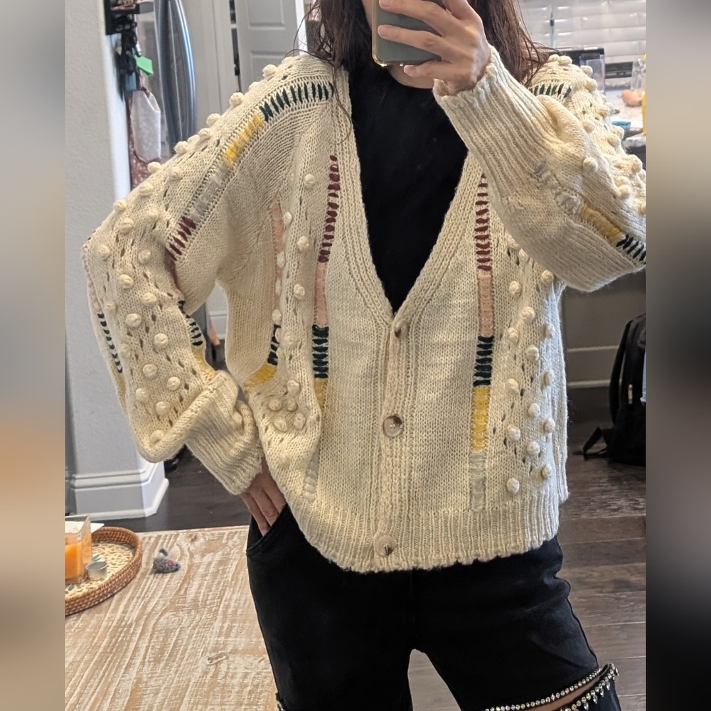 Blue B Cream Knitted Cardigan with Multicolor Pom-pom Detail Accents